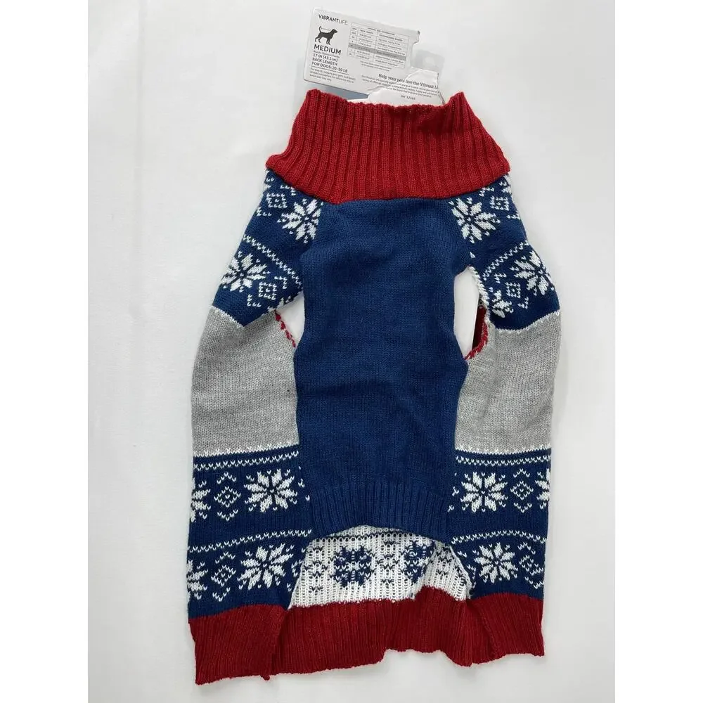 Vibrant Life Dog Pet Sweater Snowflake Pull on Red Bark Blue Medium NEW *READ*